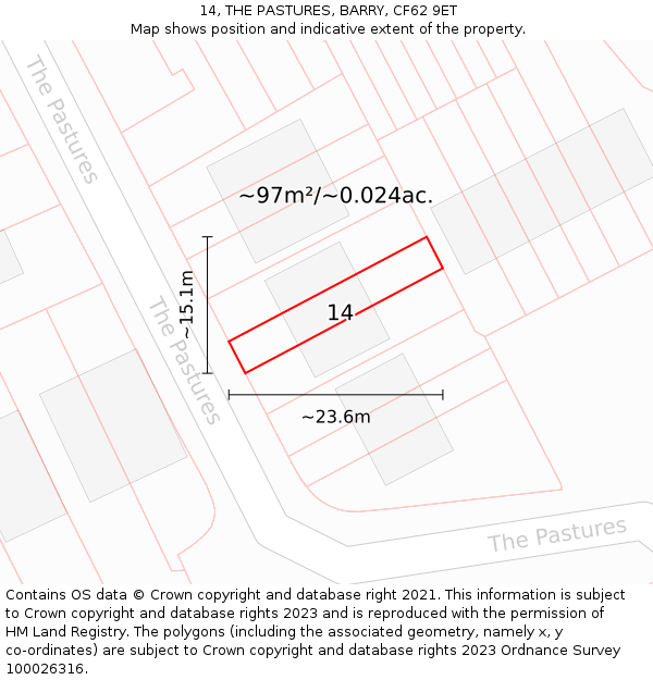 14, THE PASTURES, BARRY, CF62 9ET: Plot and title map