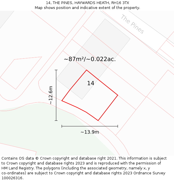 14, THE PINES, HAYWARDS HEATH, RH16 3TX: Plot and title map