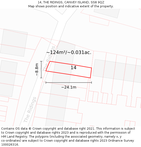 14, THE RIDINGS, CANVEY ISLAND, SS8 9QZ: Plot and title map