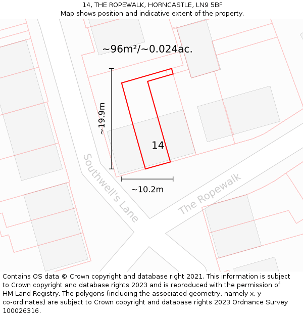 14, THE ROPEWALK, HORNCASTLE, LN9 5BF: Plot and title map
