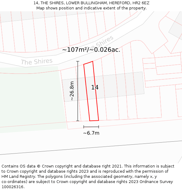 14, THE SHIRES, LOWER BULLINGHAM, HEREFORD, HR2 6EZ: Plot and title map