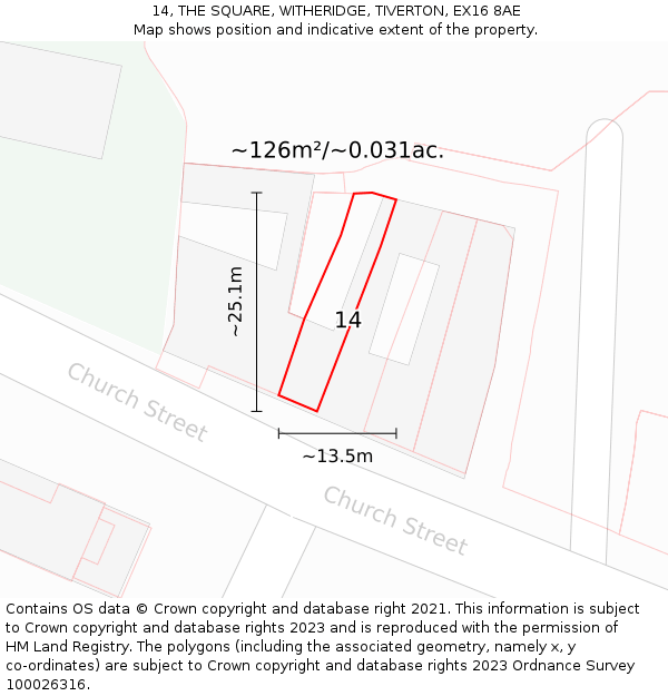 14, THE SQUARE, WITHERIDGE, TIVERTON, EX16 8AE: Plot and title map