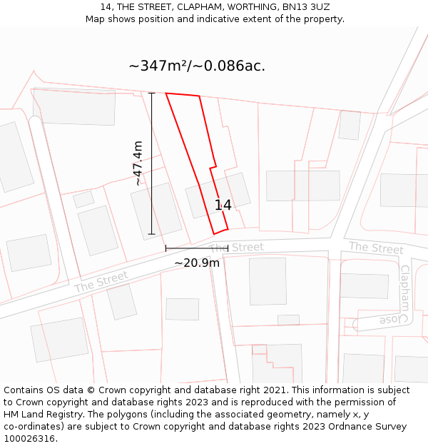 14, THE STREET, CLAPHAM, WORTHING, BN13 3UZ: Plot and title map