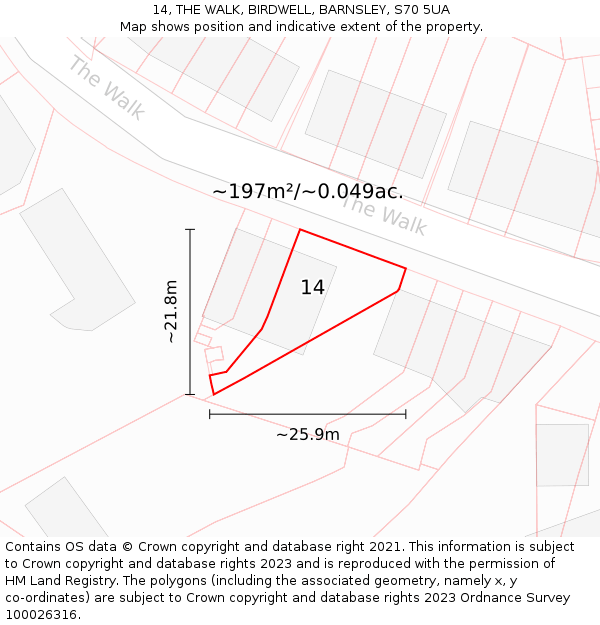 14, THE WALK, BIRDWELL, BARNSLEY, S70 5UA: Plot and title map