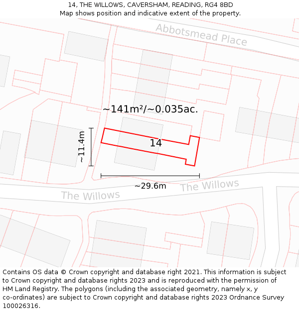 14, THE WILLOWS, CAVERSHAM, READING, RG4 8BD: Plot and title map