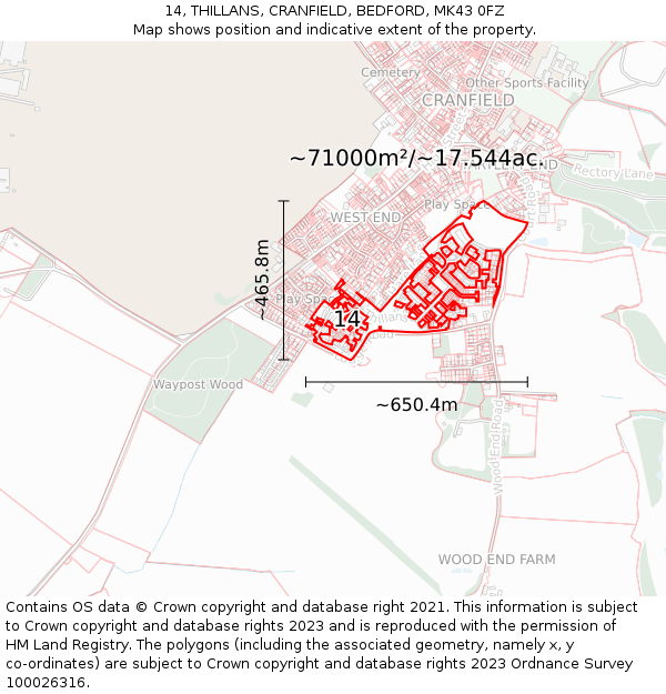 14, THILLANS, CRANFIELD, BEDFORD, MK43 0FZ: Plot and title map