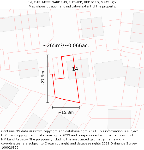 14, THIRLMERE GARDENS, FLITWICK, BEDFORD, MK45 1QX: Plot and title map