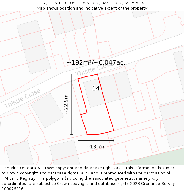 14, THISTLE CLOSE, LAINDON, BASILDON, SS15 5GX: Plot and title map