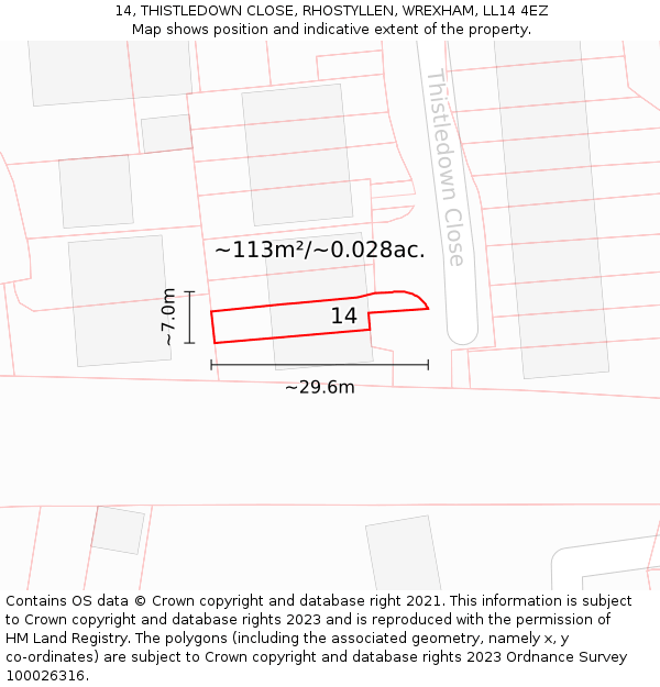14, THISTLEDOWN CLOSE, RHOSTYLLEN, WREXHAM, LL14 4EZ: Plot and title map