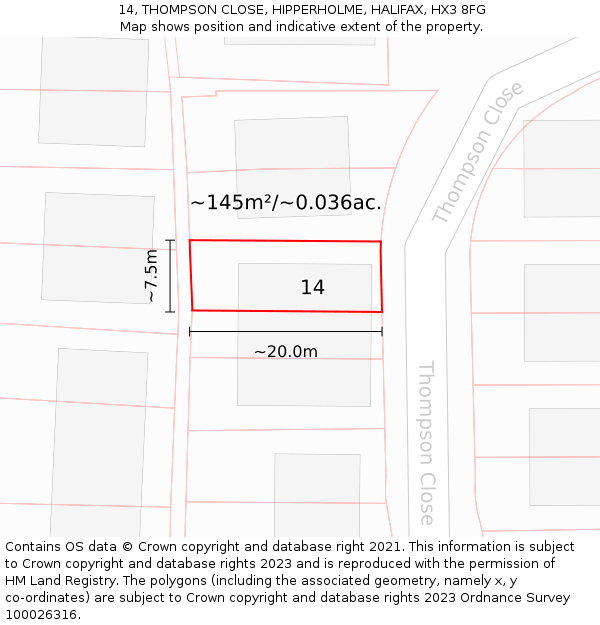 14, THOMPSON CLOSE, HIPPERHOLME, HALIFAX, HX3 8FG: Plot and title map