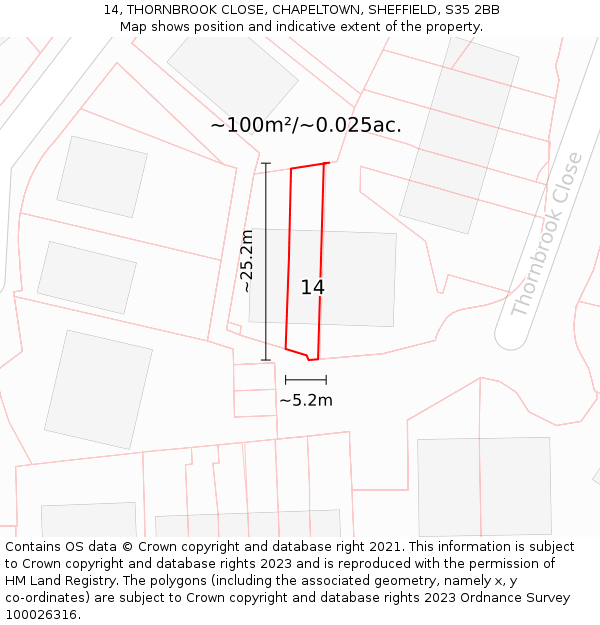 14, THORNBROOK CLOSE, CHAPELTOWN, SHEFFIELD, S35 2BB: Plot and title map