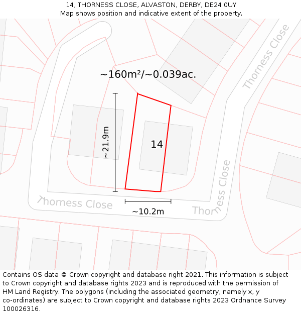 14, THORNESS CLOSE, ALVASTON, DERBY, DE24 0UY: Plot and title map
