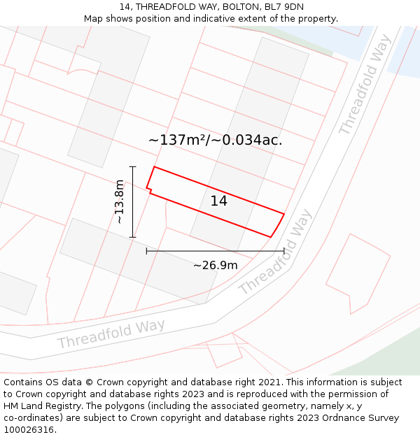 14, THREADFOLD WAY, BOLTON, BL7 9DN: Plot and title map
