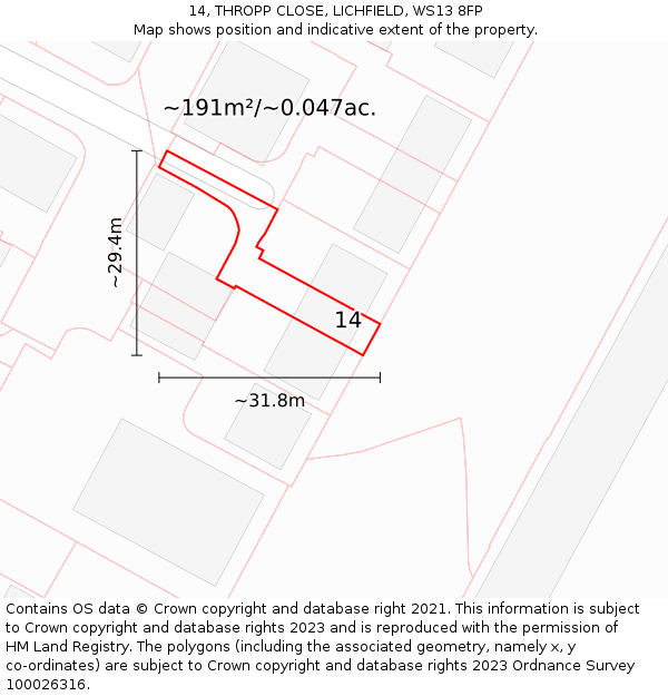 14, THROPP CLOSE, LICHFIELD, WS13 8FP: Plot and title map