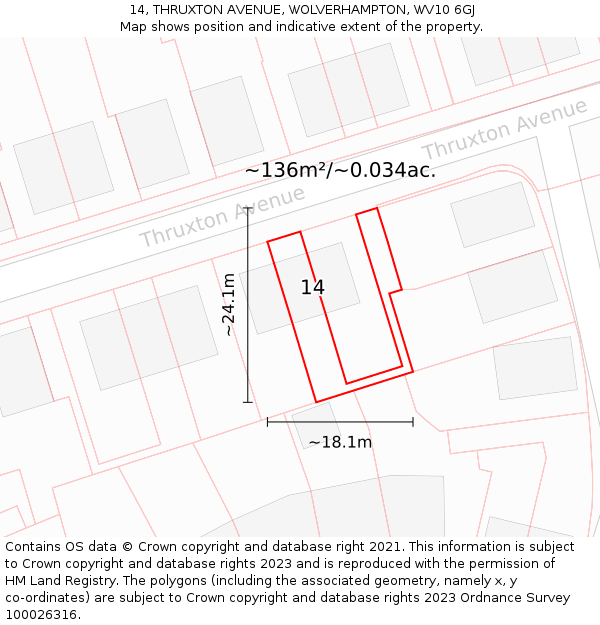 14, THRUXTON AVENUE, WOLVERHAMPTON, WV10 6GJ: Plot and title map