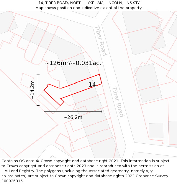 14, TIBER ROAD, NORTH HYKEHAM, LINCOLN, LN6 9TY: Plot and title map