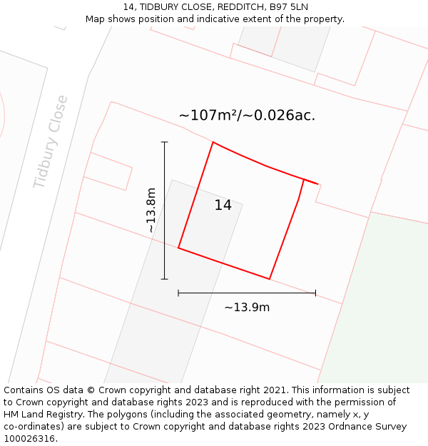 14, TIDBURY CLOSE, REDDITCH, B97 5LN: Plot and title map