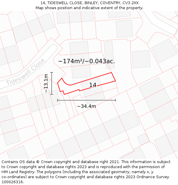 14, TIDESWELL CLOSE, BINLEY, COVENTRY, CV3 2XX: Plot and title map