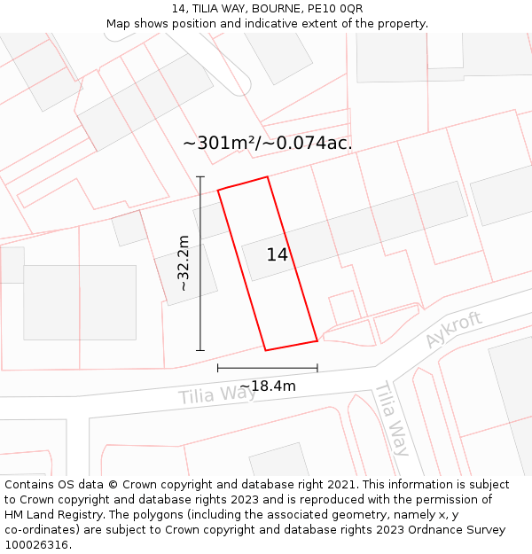 14, TILIA WAY, BOURNE, PE10 0QR: Plot and title map