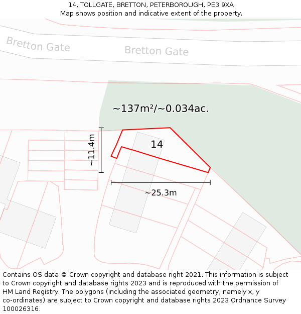 14, TOLLGATE, BRETTON, PETERBOROUGH, PE3 9XA: Plot and title map