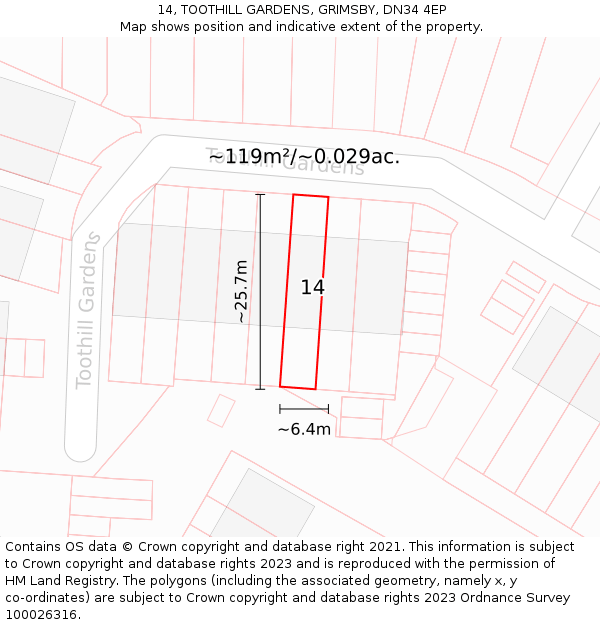 14, TOOTHILL GARDENS, GRIMSBY, DN34 4EP: Plot and title map