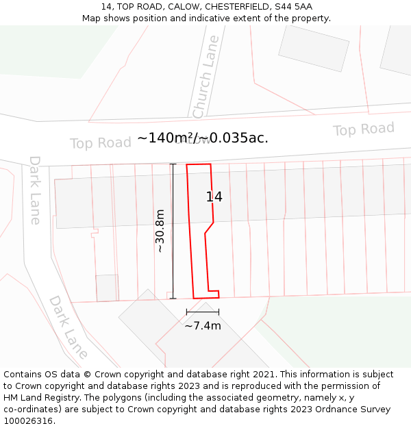 14, TOP ROAD, CALOW, CHESTERFIELD, S44 5AA: Plot and title map
