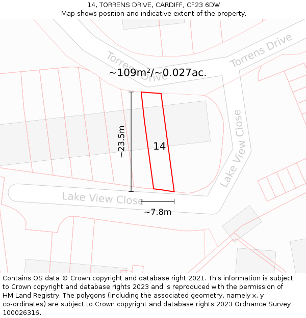 14, TORRENS DRIVE, CARDIFF, CF23 6DW: Plot and title map