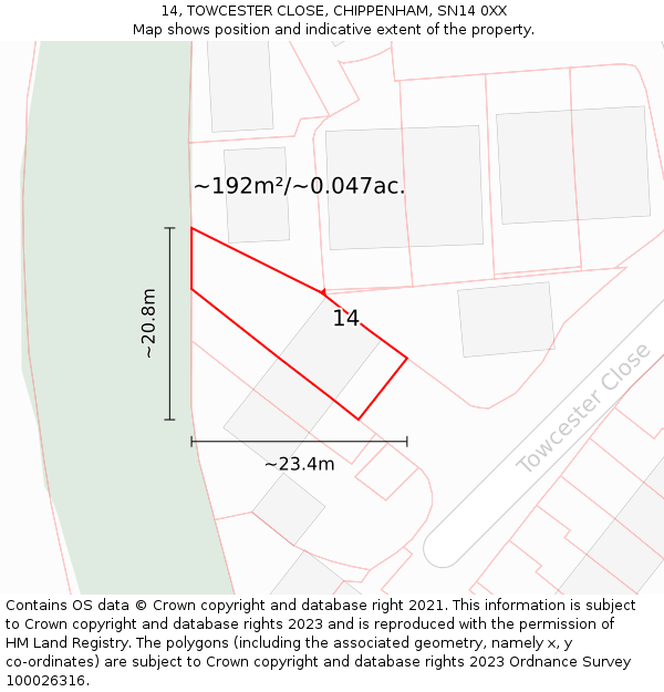 14, TOWCESTER CLOSE, CHIPPENHAM, SN14 0XX: Plot and title map