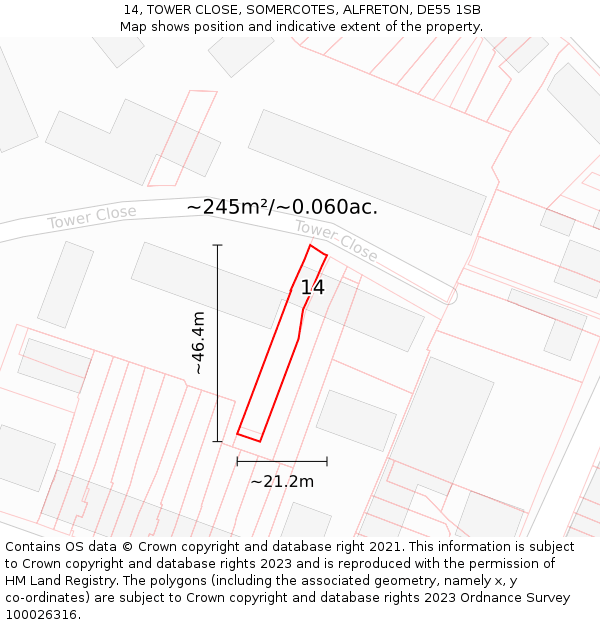 14, TOWER CLOSE, SOMERCOTES, ALFRETON, DE55 1SB: Plot and title map
