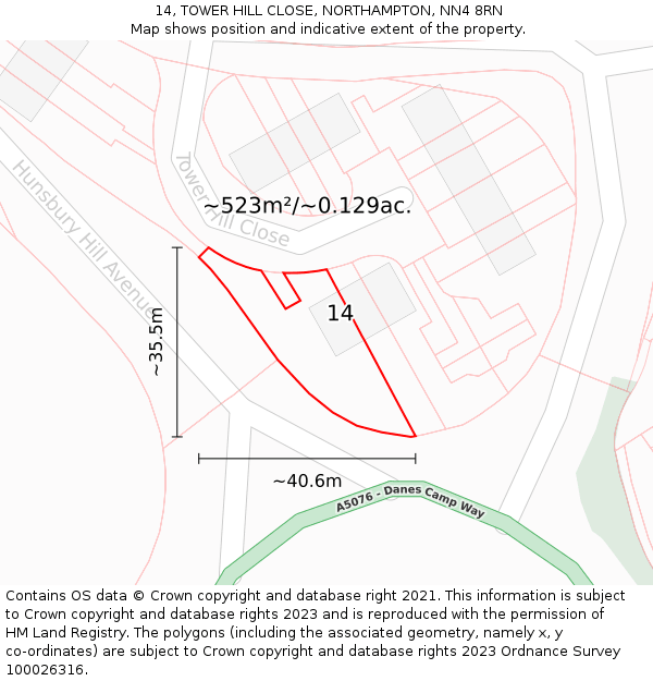 14, TOWER HILL CLOSE, NORTHAMPTON, NN4 8RN: Plot and title map