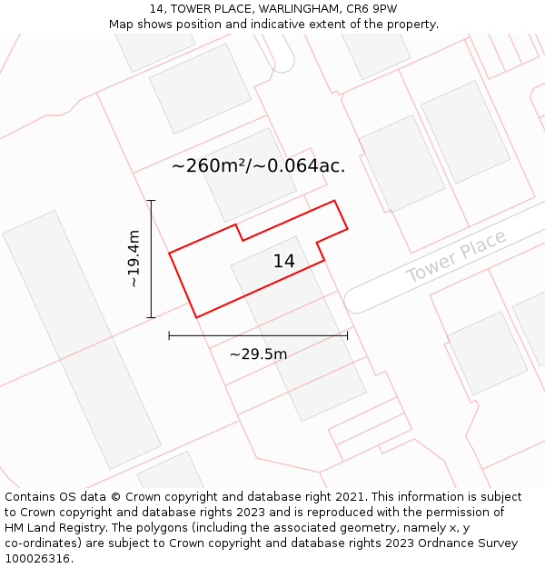 14, TOWER PLACE, WARLINGHAM, CR6 9PW: Plot and title map