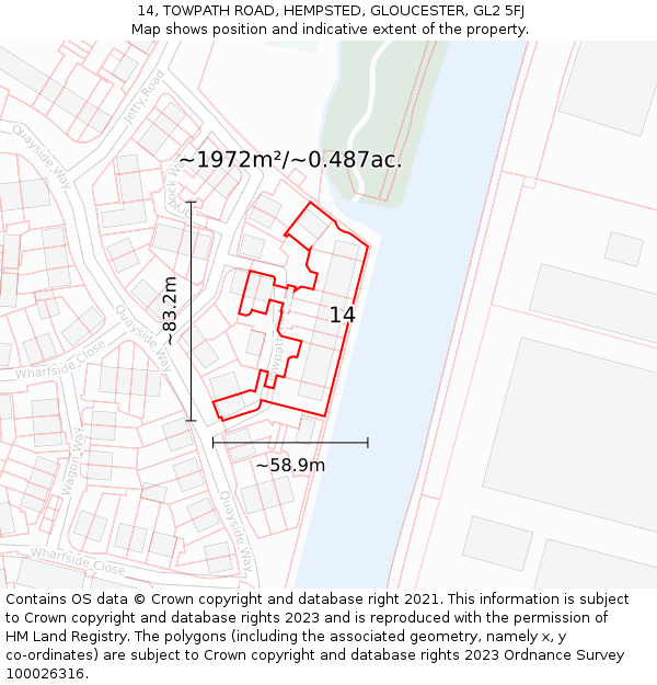 14, TOWPATH ROAD, HEMPSTED, GLOUCESTER, GL2 5FJ: Plot and title map