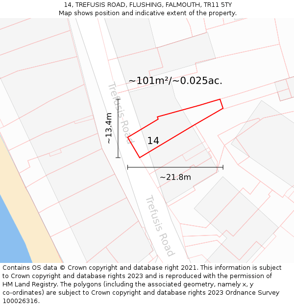 14, TREFUSIS ROAD, FLUSHING, FALMOUTH, TR11 5TY: Plot and title map