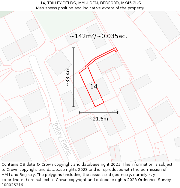 14, TRILLEY FIELDS, MAULDEN, BEDFORD, MK45 2US: Plot and title map