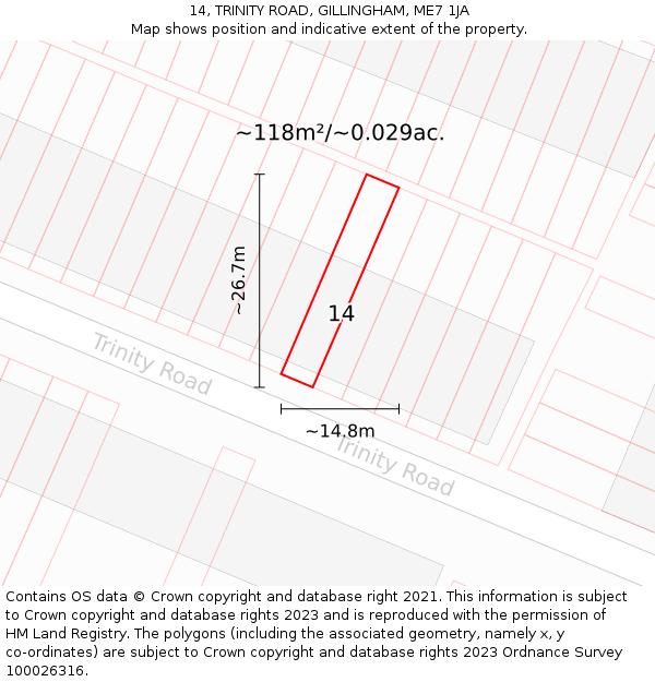 14, TRINITY ROAD, GILLINGHAM, ME7 1JA: Plot and title map