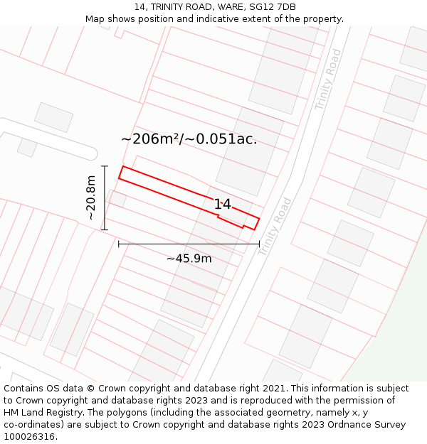 14, TRINITY ROAD, WARE, SG12 7DB: Plot and title map