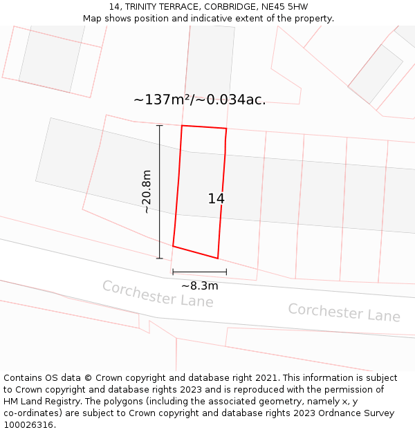 14, TRINITY TERRACE, CORBRIDGE, NE45 5HW: Plot and title map