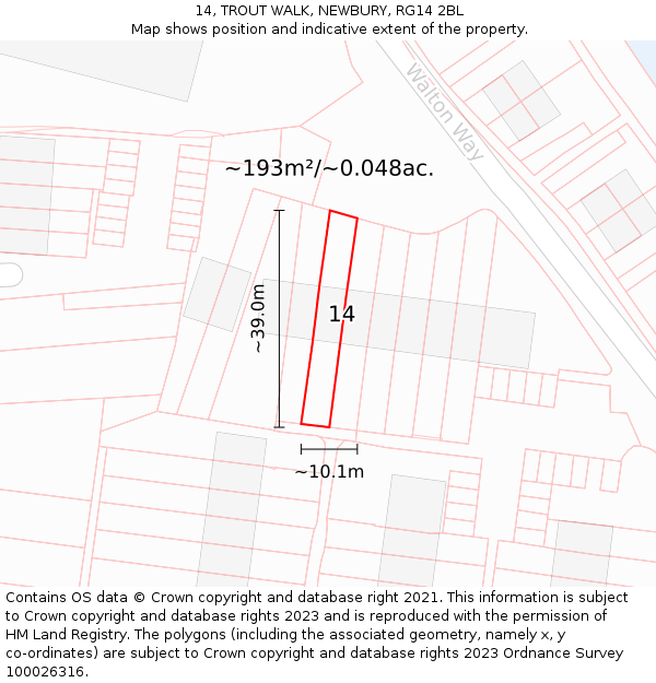14, TROUT WALK, NEWBURY, RG14 2BL: Plot and title map
