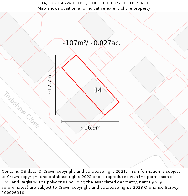 14, TRUBSHAW CLOSE, HORFIELD, BRISTOL, BS7 0AD: Plot and title map