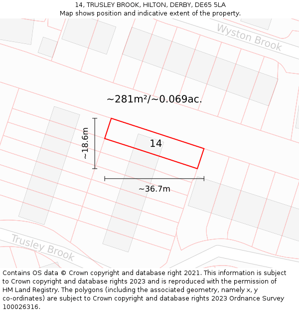 14, TRUSLEY BROOK, HILTON, DERBY, DE65 5LA: Plot and title map