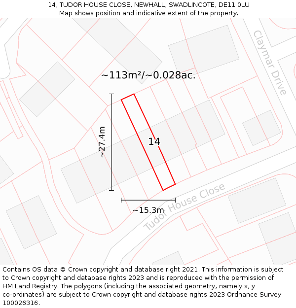 14, TUDOR HOUSE CLOSE, NEWHALL, SWADLINCOTE, DE11 0LU: Plot and title map