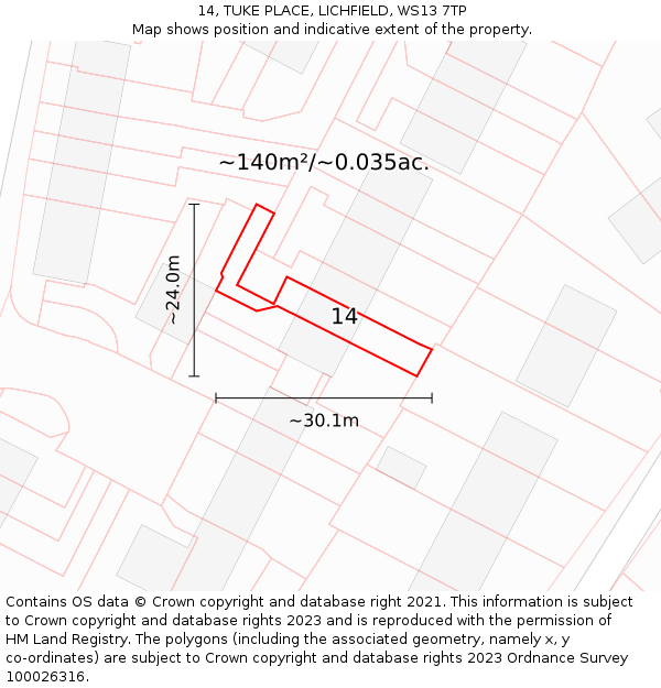 14, TUKE PLACE, LICHFIELD, WS13 7TP: Plot and title map