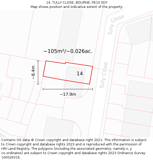 14, TULLY CLOSE, BOURNE, PE10 0DY: Plot and title map