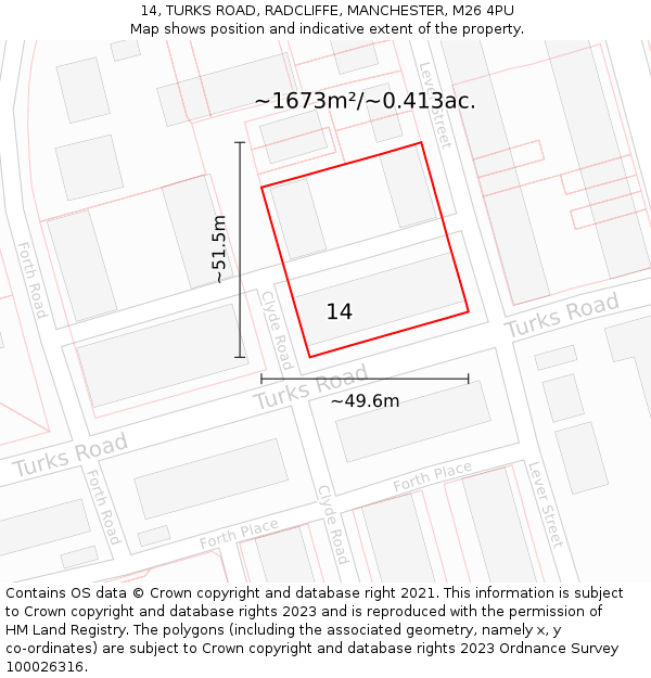 14, TURKS ROAD, RADCLIFFE, MANCHESTER, M26 4PU: Plot and title map