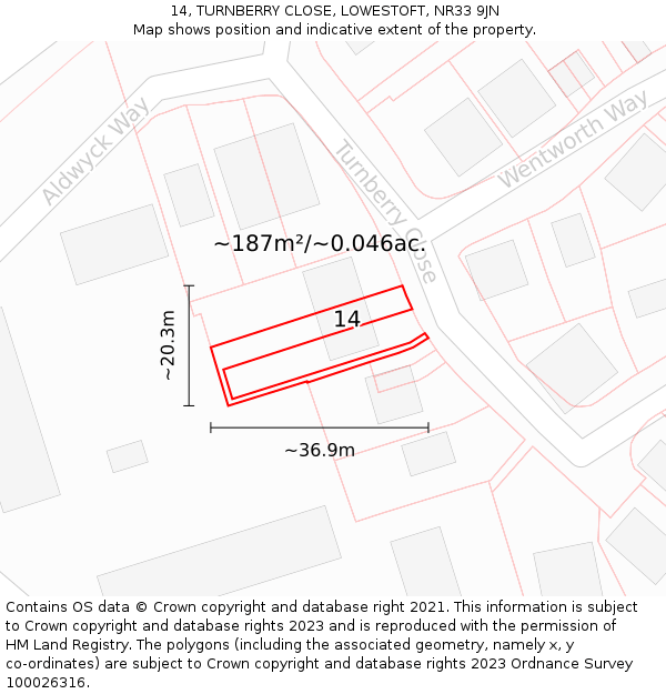 14, TURNBERRY CLOSE, LOWESTOFT, NR33 9JN: Plot and title map