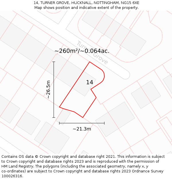 14, TURNER GROVE, HUCKNALL, NOTTINGHAM, NG15 6XE: Plot and title map