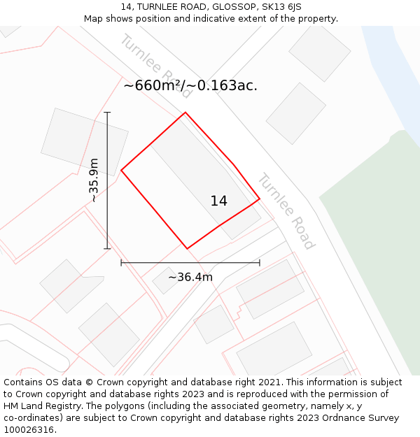 14, TURNLEE ROAD, GLOSSOP, SK13 6JS: Plot and title map