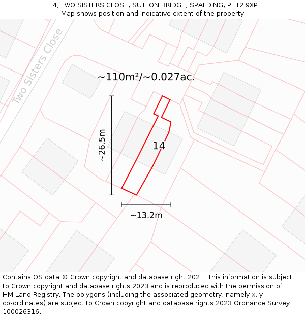 14, TWO SISTERS CLOSE, SUTTON BRIDGE, SPALDING, PE12 9XP: Plot and title map