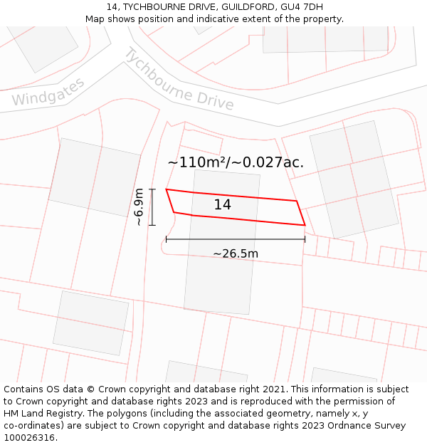 14, TYCHBOURNE DRIVE, GUILDFORD, GU4 7DH: Plot and title map
