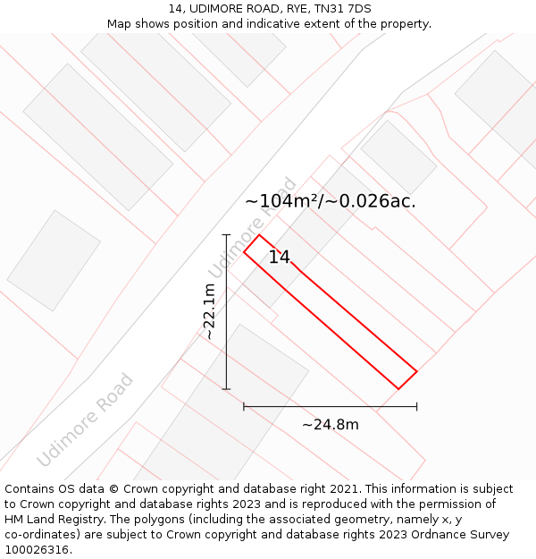 14, UDIMORE ROAD, RYE, TN31 7DS: Plot and title map